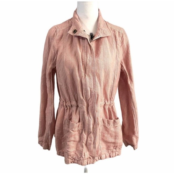 3/$25 Caslon Linen Blend Red & White Striped Cinch Waist Light Utility Jacket - Picture 1 of 10